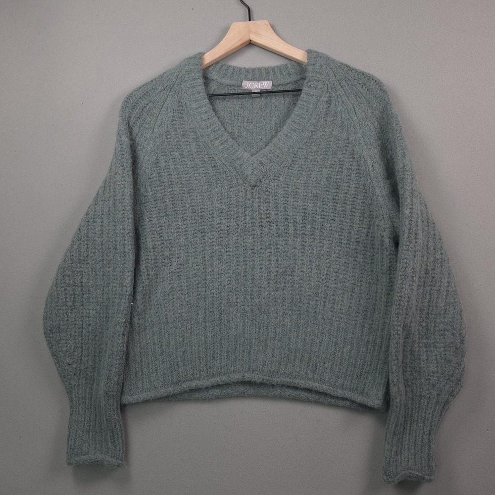 J.Crew Womens XS Sage Green V Neck Sweater Alpaca Wool Blend Ribbed Cropped Knit
